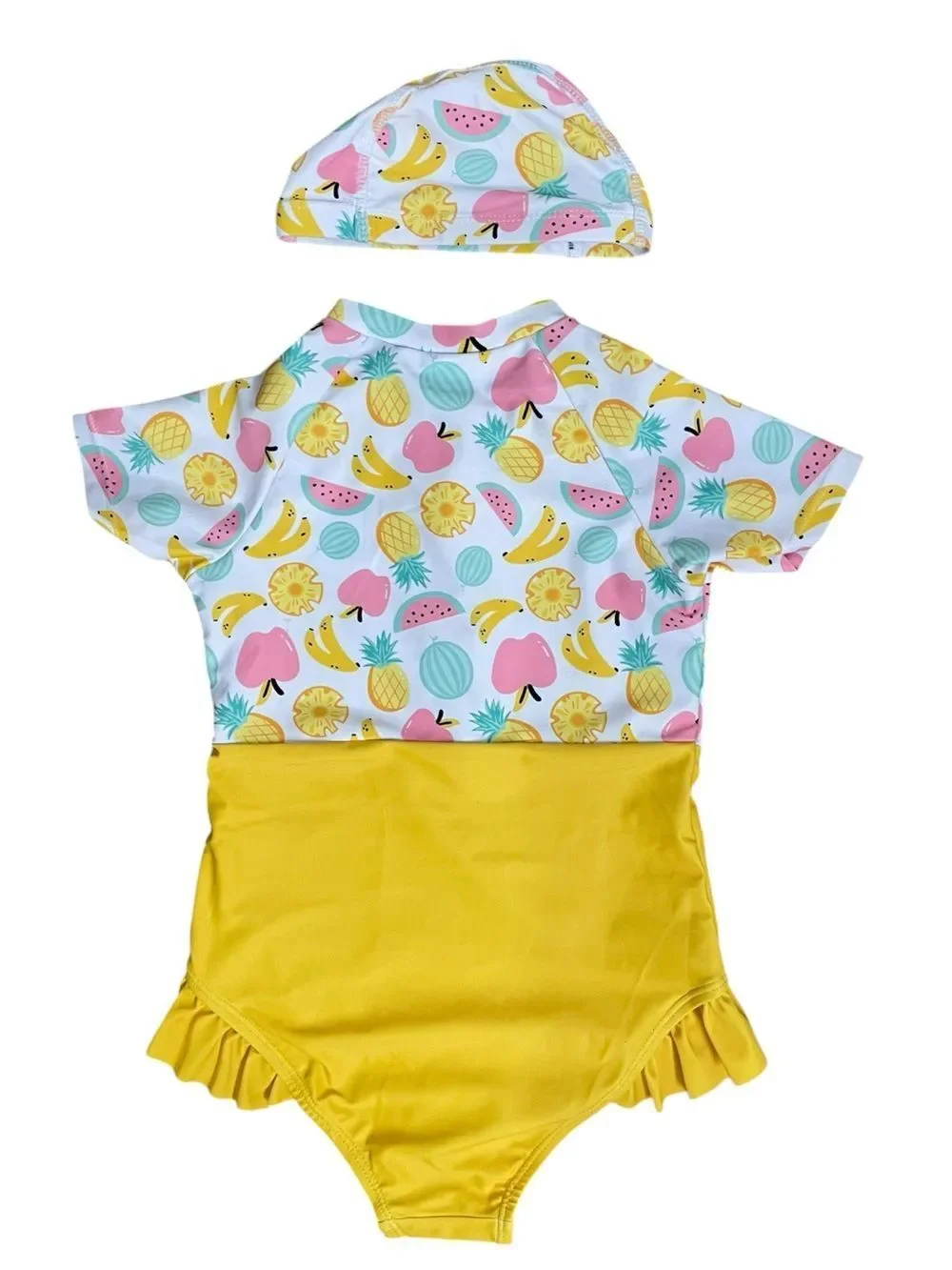 Girls Fruit Print One Piece Swimsuit Rash Guard w/ Swim Cap Size 4-5T